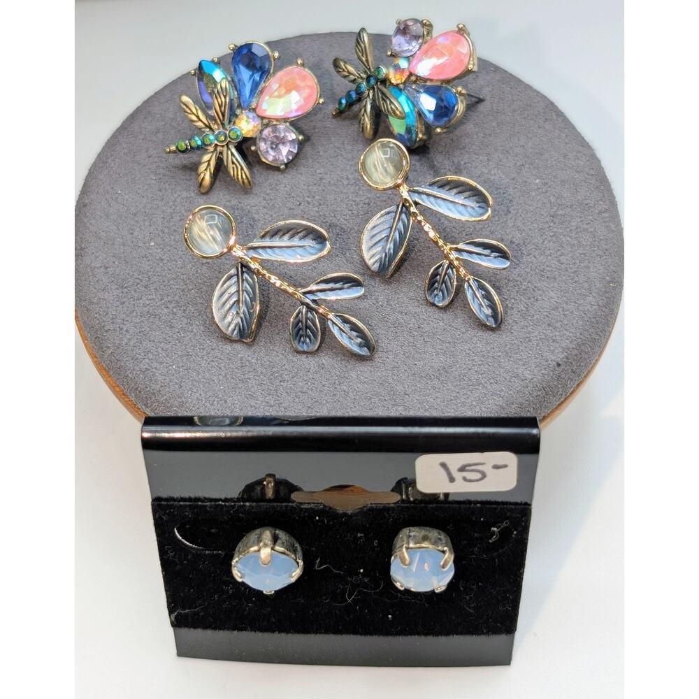Lot of Three Pair Dusty Blue Dragonfly Rhinestone Pierced Earrings